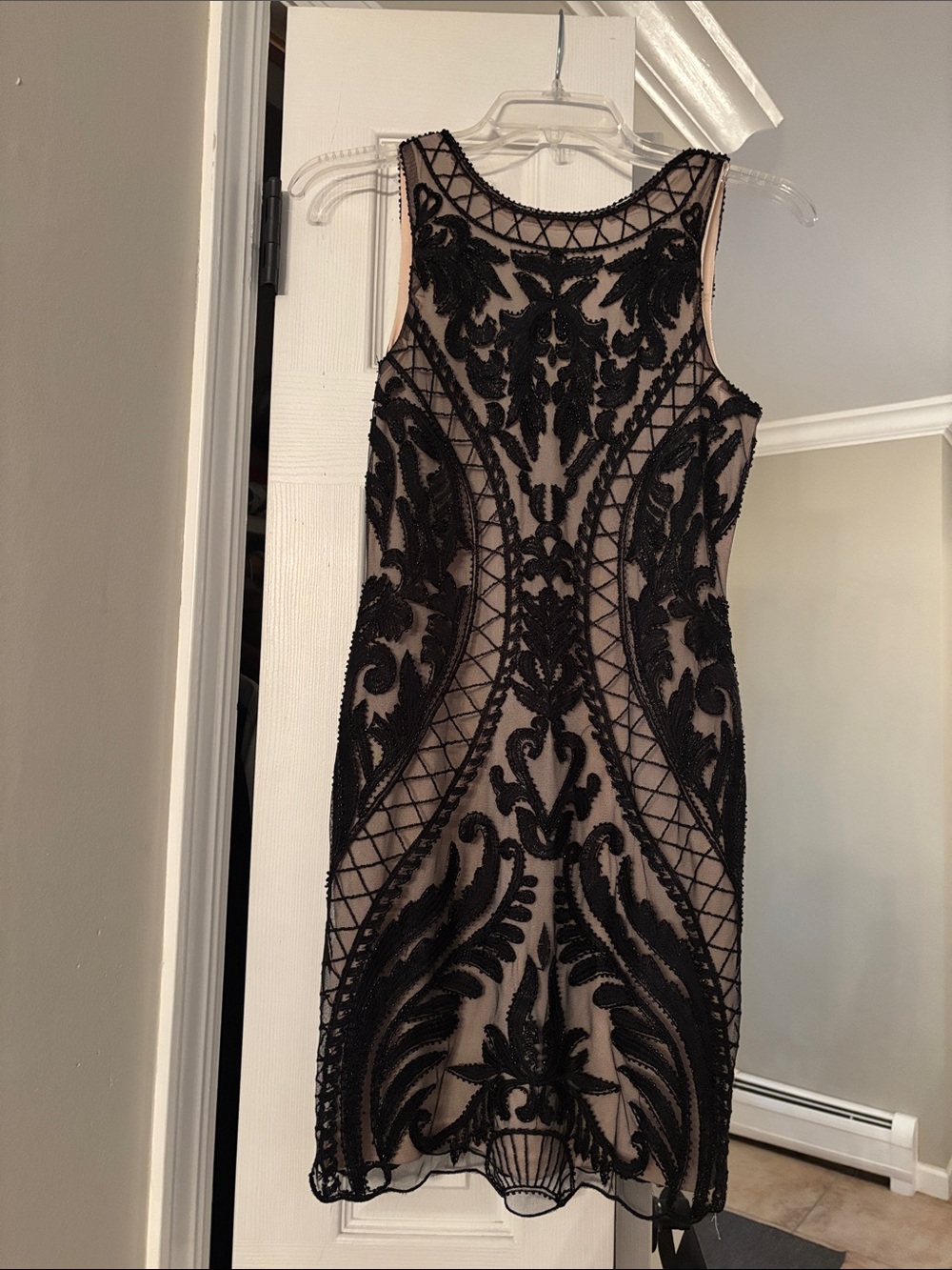 Boohoo Black Beaded Overlay Dress with Nude Underlay